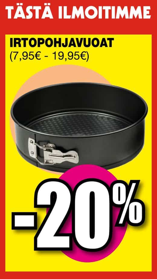 Sale poster: 20% off on a round springform pan; prices €7. 95–€19. 95, bold yellow background with red border. | säästötalo latvala